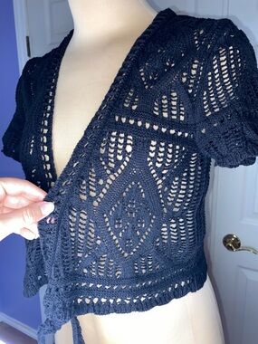 Bay Studio Black Crochet Tie-Front Short-Sleeve Festival Top